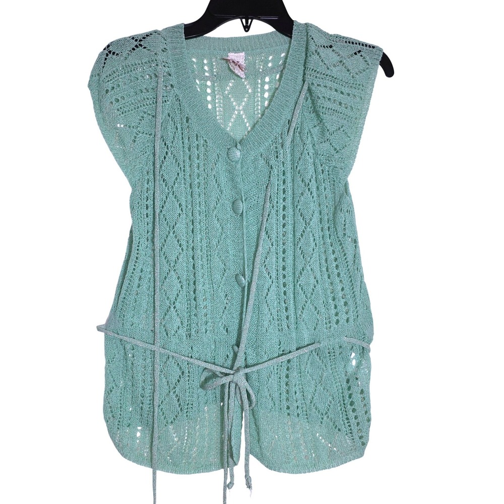 Nekane NKN Lorenza Knit Vest Women S/M Green Excellent Boho Button Tie Waist EUC - Picture 4 of 11